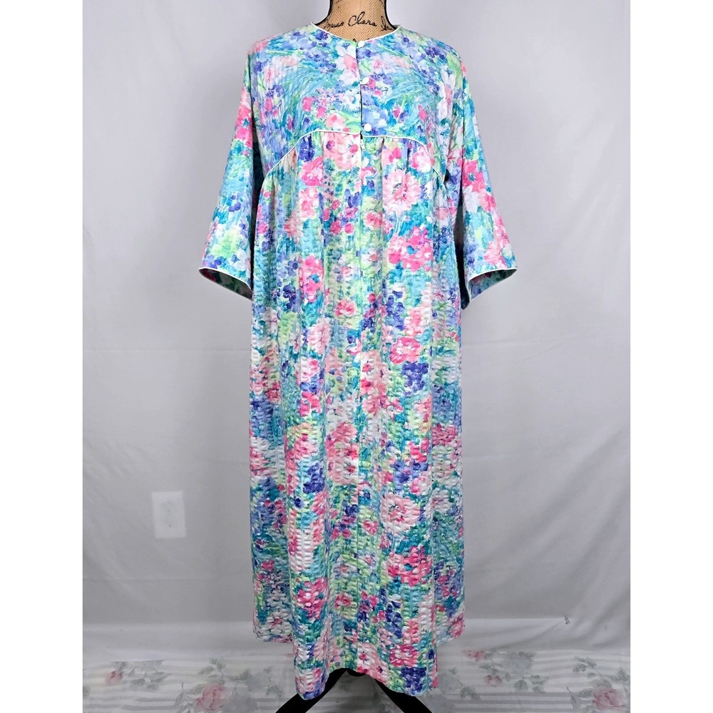 Miss Elaine At Home Floral Seersucker Housecoat Duster Robe Zip Large Blue Pink - Picture 3 of 14